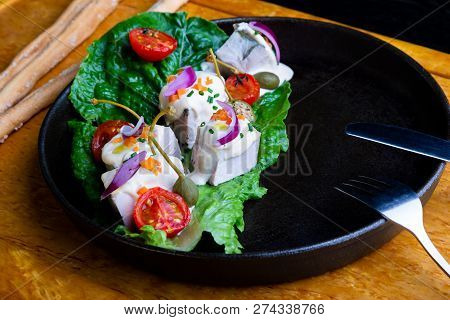 Delicious Restaurant Dish Vitello Tonato In Restaurant Background. Healthy Exclusive Food On Big Bla