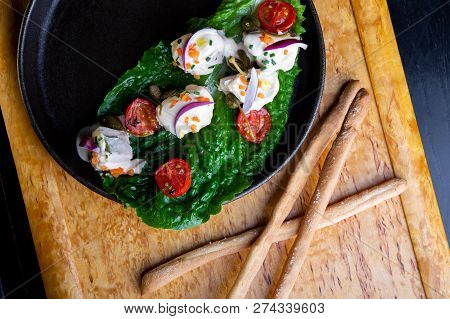 Delicious Restaurant Dish Vitello Tonato In Restaurant Background. Healthy Exclusive Food On Big Bla