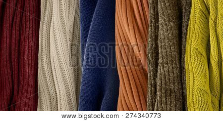 Top Colors Palette For Fall And Winter 2018. Fashion Color Trends. Knitted Clothes Fabric Samples.