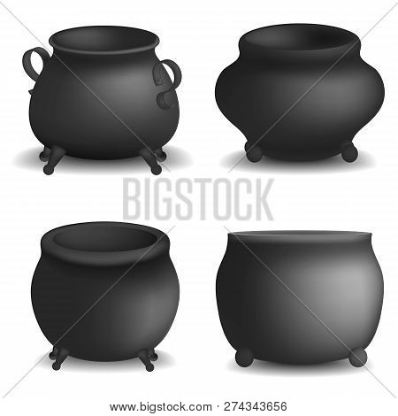 Cauldron Pot Halloween Mockup Set. Realistic Illustration Of 4 Cauldron Pot Halloween Mockups For We