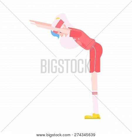 Vector Illustration Of Grandmother Making Torso Forward Bending In Flat Style.