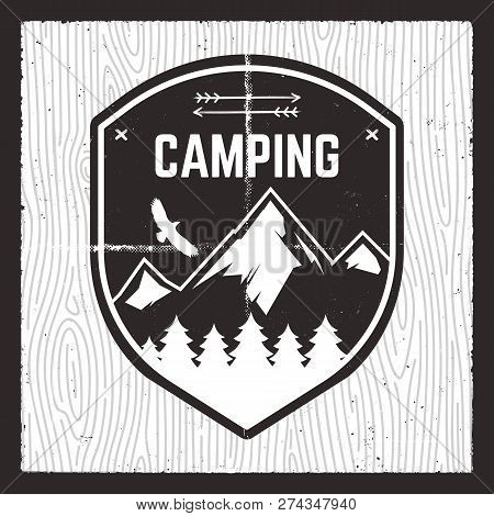 Camping Adventure Card. Wild Mountain Explorer Badge With Forest, Mountains And Eagle. Nice For Outd