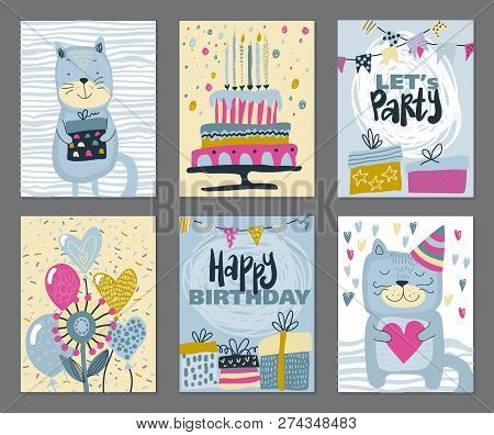 Set Of Three Happy Birthday Party Cards. Vector Hand Drawn Illustration