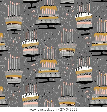 Vector Seamless Pattern With Fireworks, Confetti, Birthday Cake And Candles.