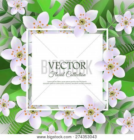 Vector Spring White Flowers With Leaves Poster