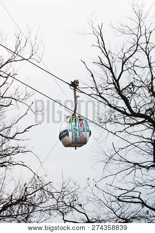 Cable Car White And Blue In The Sky Seen Through Bare Branches Of Pinzolo On The Dolimites