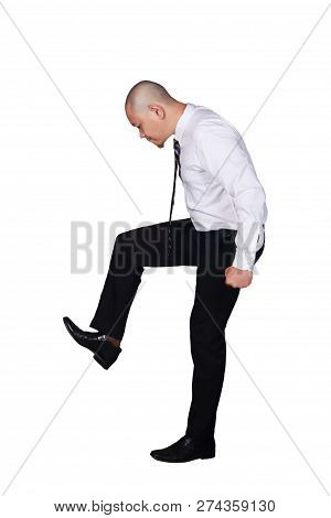 Young Businessman Wearing White Suit And Black Pants Stomping Gesture. Isolated On White. Full Body 