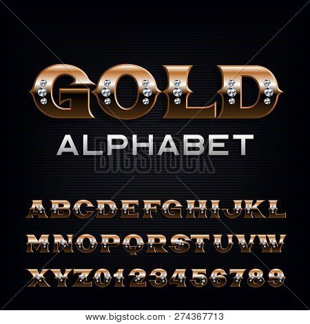 Ornate Gold Alphabet Font. Fancy Golden Letters And Numbers With Diamonds. Stock Vector Typescript F