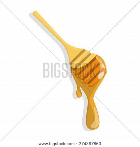 Honey Drip. Golden Dessert On Wooden Dipper
