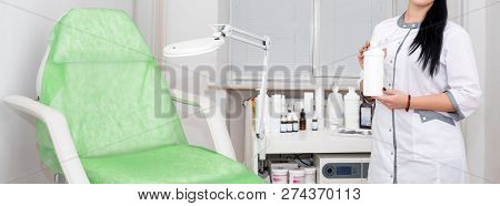 Podology Treatment. Podiatrist Treats Foot. Podiatry Doctor Or Dermatologist Waiting For Patient In 