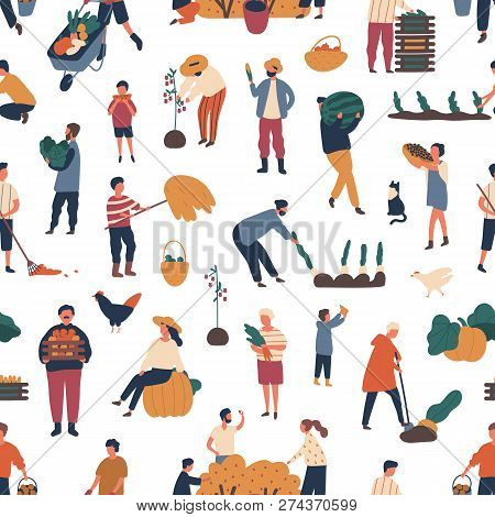Seamless Pattern With People Gathering Crops In Autumn. Backdrop With Farmers Harvesting Or Collecti