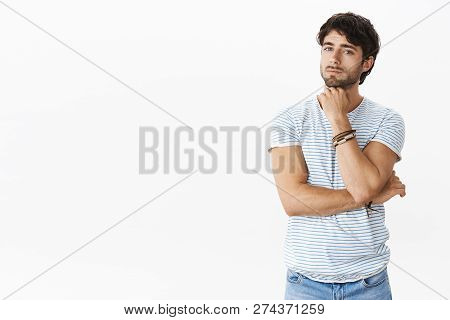 Maybe I Need Shave Beard. Portrait Of Thoughtful And Mindful Good-looking Charming European Guy With