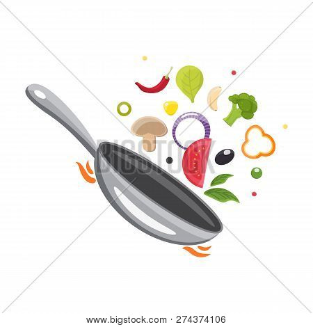 Cooking Process. Flipping Food In A Pan. Design For Cafe, Restaurant, Cooking Class Or Home Cooking.