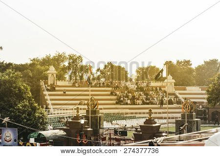 Wagha Border, Amritsar, Punjab, India - June, 2017. People Gathered In The Lowering Of Flags Ceremon