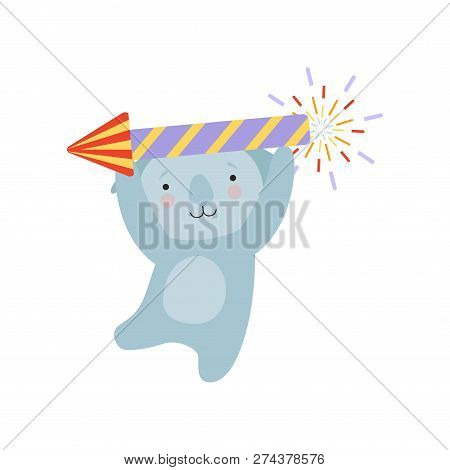 Coala Bear With A Party Popper, Cute Cartoon Animal Character, Design Template Can Be Used For New Y