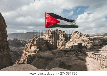 Palestine Flag On The Top Of Mountain In Palestine,