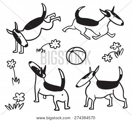 Cute Dogs Set. Bullterrier Pet Character In Sketchy Style. Vector Illustration In Doodle Line Art St