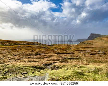 Unusual View Of Neist Point With Lighthouse On The Isle Of Skye During Storm Callum In Autumn