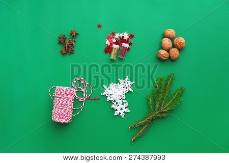 Christmas Set Natural Decor Walnuts Fir Tree Walnuts Ribbon For Gifts And Presenrs. Set Objects. Tab