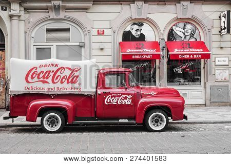 Prague, Czech Republic - May 15: Ford F-100 Red Retro Car On The Streets Of Prague