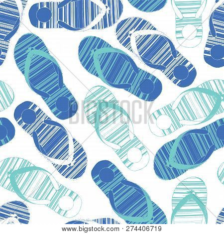 Seamless Vector Pattern Blue Flip Flops On White Background. Seamless Summer Beach Vacation Pattern 