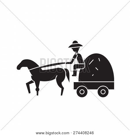 Farm Wagon With Straw Black Vector Concept Icon. Farm Wagon With Straw Flat Illustration, Sign