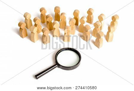 Huge Crowd Of People Stand Near A Magnifying Glass On A White Background. Search For Work. Human Res