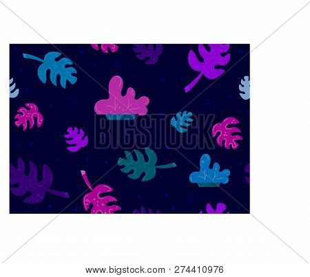 Dark Blue Vector Seamless Pattern Or Background With Different Tropical Leaves And Plants In Pink An