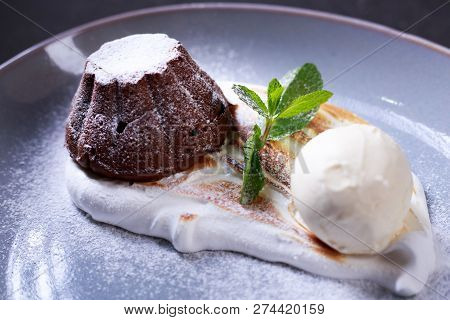 Delicious Chocolate Fondant, Lava Cake, Restaurant Serving. Traditional French Dessert, Sweet Tasty 
