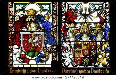 ZAGREB, CROATIA - SEPTEMBER 22: Coat of arms of the Counts Draskovic, stained glass in Zagreb cathedral dedicated to the Assumption of Mary in Zagreb on September 22, 2013.