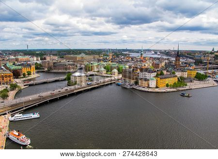 Sweden Stockholm. Wonderful Aerial Panorama From Observation Deck On Tower City Hall To Gamla Stan (