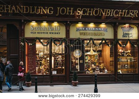 Vienna, Austria - November 24, 2018: People By The Store Front Window Of Teahouse Joh. Schonbichlers