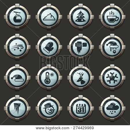 Winter Vector Icons In The Stylish Round Buttons For Mobile Applications And Web