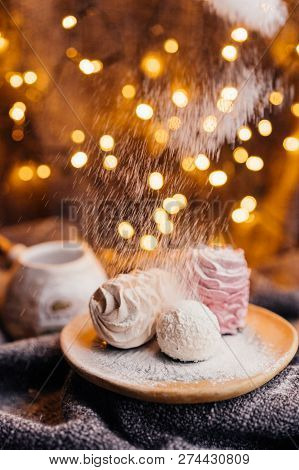 Vanilla And Raspberry Homemade Marshmallow Powdered Sugar Background Of Blurry Party Lights