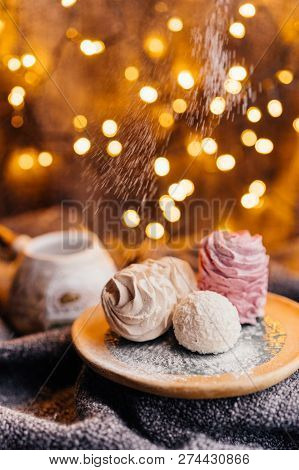 Vanilla And Raspberry Homemade Marshmallow Powdered Sugar Background Of Blurry Party Lights