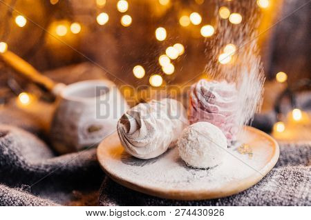 Vanilla And Raspberry Homemade Marshmallow Powdered Sugar Background Of Blurry Party Lights