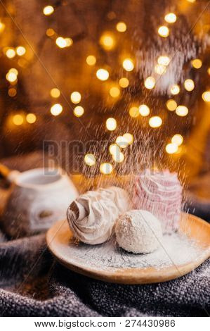 Vanilla And Raspberry Homemade Marshmallow Powdered Sugar Background Of Blurry Party Lights