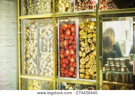 Milan, Italy - November 2, 2017: Showcase Of The Famous Chocolate Artisan Venchi In Downtown Milan W