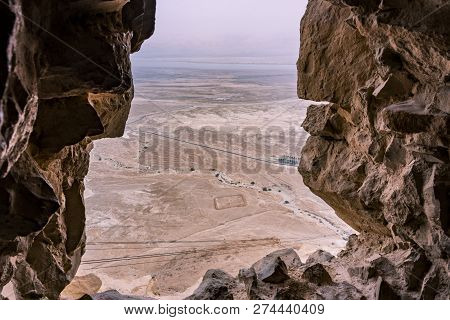 View From The Masada Ruins Of The Judean Desert, The Dead Sea And Then Jordanian Territory. Marked O