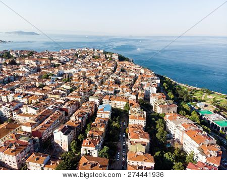 Aerial Drone View Of Unplanned Urbanization Istanbul Kadikoy Moda Seaside.