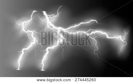 Vector Illustration. Set Of Ransparent Light Effect Of Electric Lightning. The Indomitable Power Of 