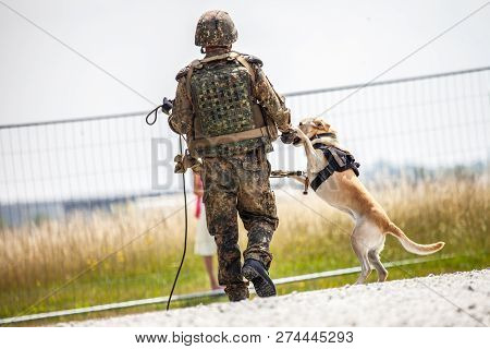 German Soldier With A Dog On A Fence