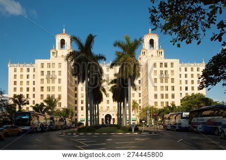 HAVANA-CUBA- DEC 6, 2018:  The Hotel Nacional de Cuba is a historic hotel located on the Malecân in the middle of Vedado, Havana, Cuba.  