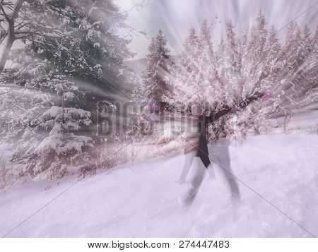 Snowfall. Trees In The Snow. Sky In The Winter Season. Beautiful View. Heppy Child.