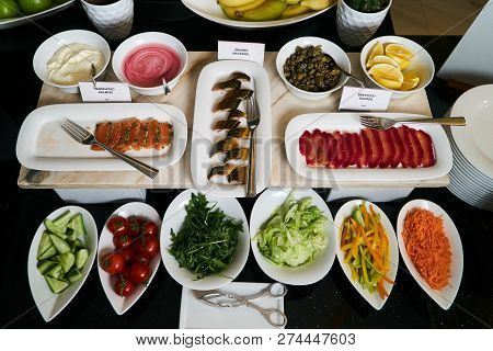 Hotel Restaurant Buffet Catering Table With Vegetarian Food, Clo