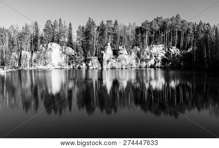 Natural Lake In Adrspach Rocks On Sunny Autumn Day. Adrspach-teplice Sandstone Rock Town, Czech Repu