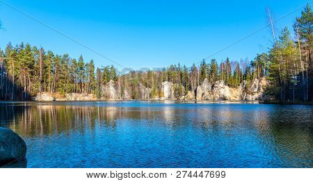 Natural Lake In Adrspach Rocks On Sunny Autumn Day. Adrspach-teplice Sandstone Rock Town, Czech Repu