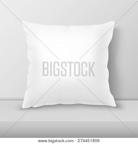Vector Realistic 3d White Pillow Closeup On Table, Shelf Closeup On White Wall Background, Mock-up. 