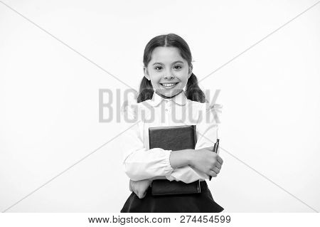 I Am Ready For School. Child School Uniform Smart Kid Done With Homework. Girl Cute Happy Face Yello