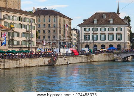 Zurich, Switzerland - August 2, 2014: Embankment Of The Limmat River During The Street Parade. The S